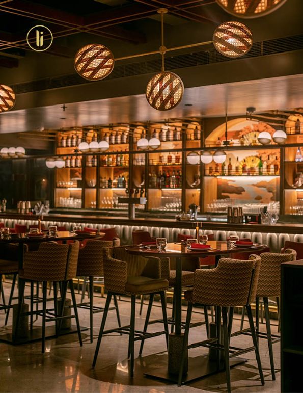 Upscale restaurant with a bar and ambient lighting