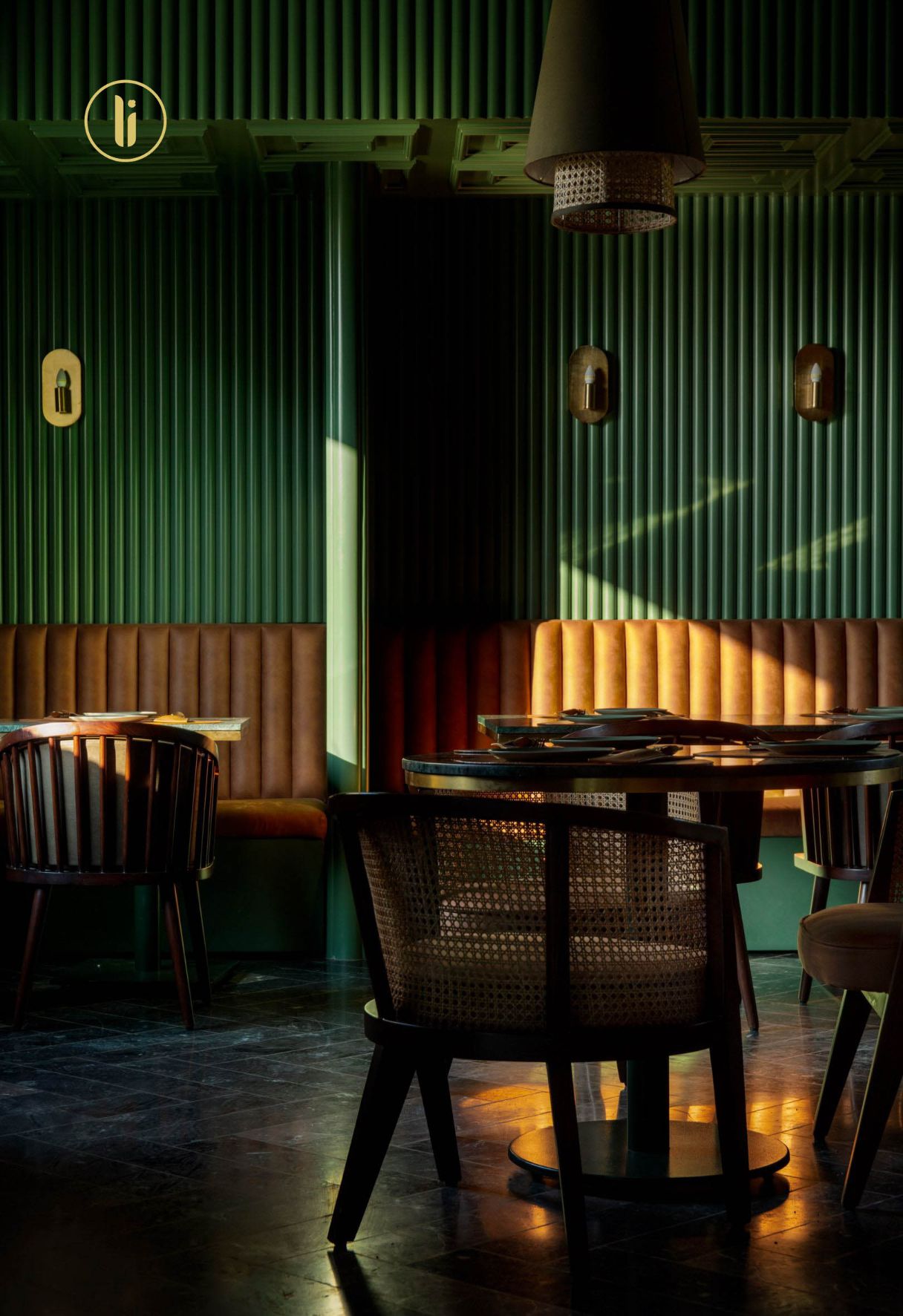 Modern cafe interior with vertical wooden beams